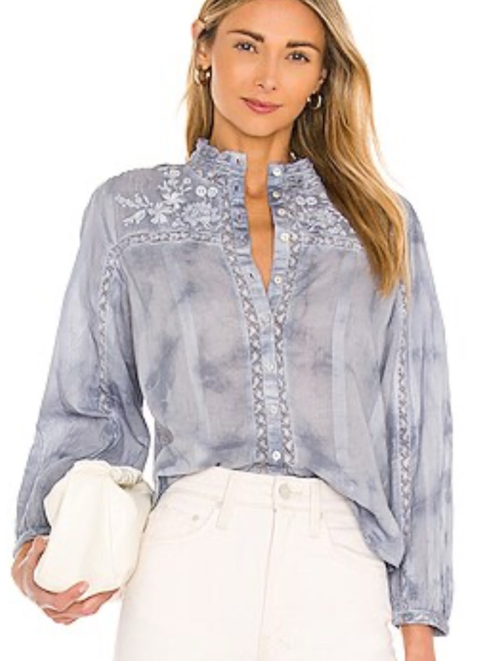LoveShackFancy Embroidered Light Blue Tie-Dye Button Front Blouse
